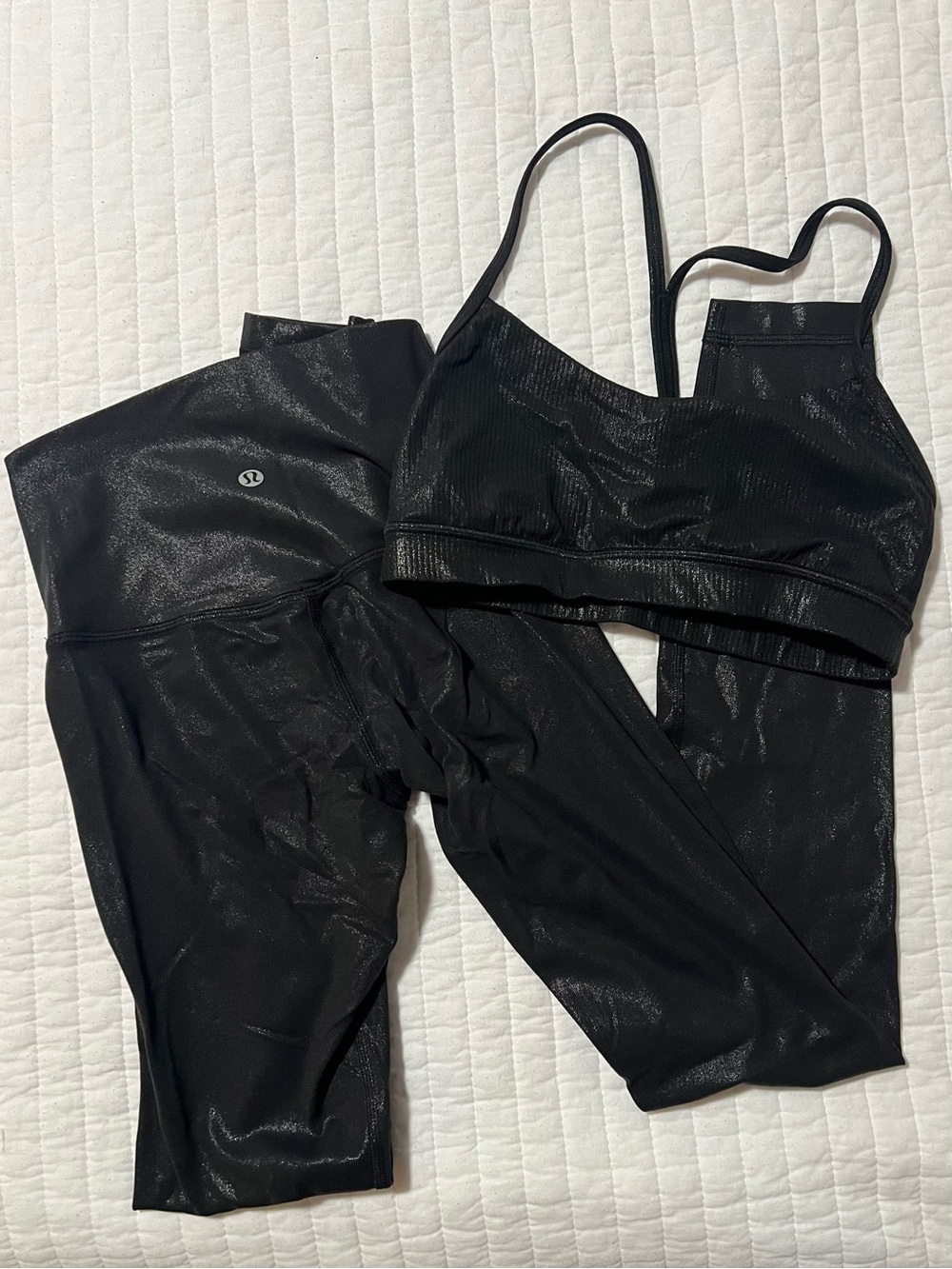lululemon Black Shimmer High-Rise Leggings & Strappy Sports Bra Set